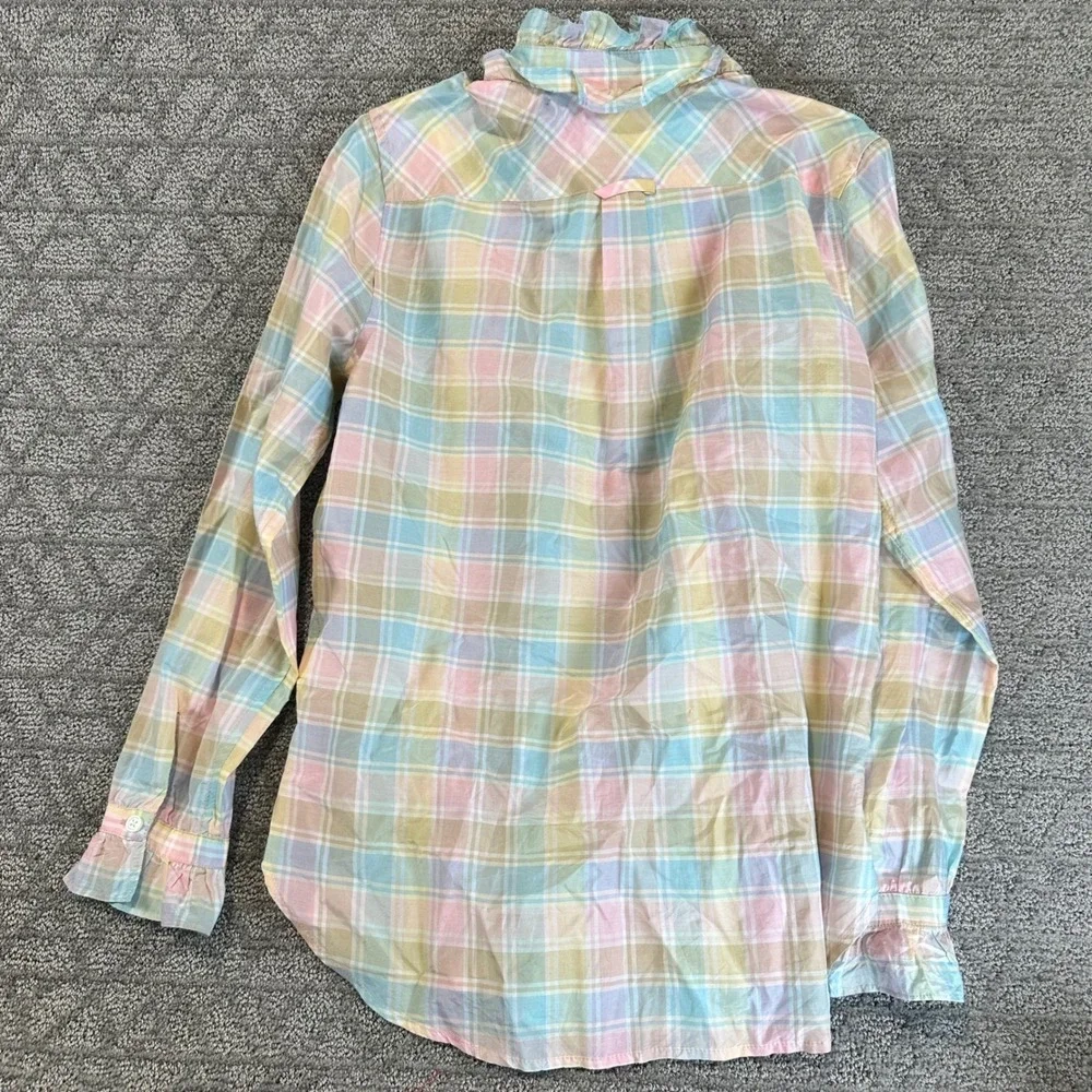 J Crew Classic Pastel Plaid Ruffle Collar Silk‎ Cotton Blend Button Up Shirt 4